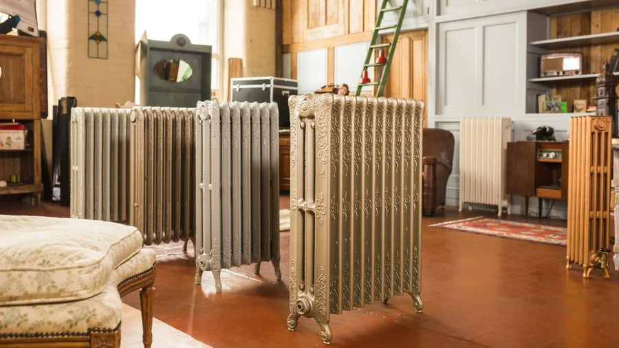 Antique ornate cast iron radiator lineup